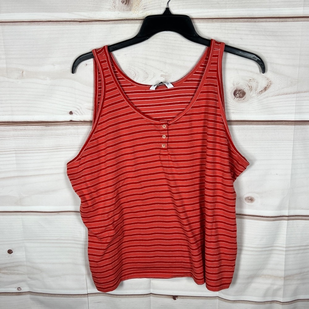 Sonoma Top Womens 2X Red Orange Stripe Tank Henley Neck Sleeveless Cotton Blend‎
